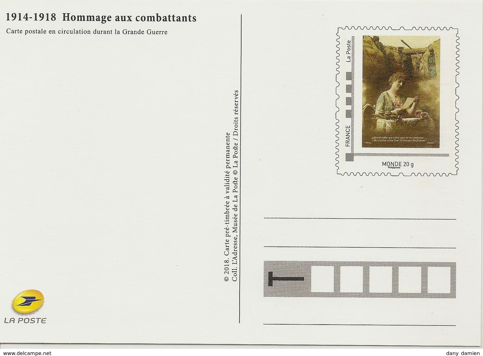 France - Phil@poste - Carte Pré-Imprimé (2018) Grand Soldat Que J'aime... - 1914-1918 HOMMAGE AUX COMBATTANTS - Documents Of Postal Services