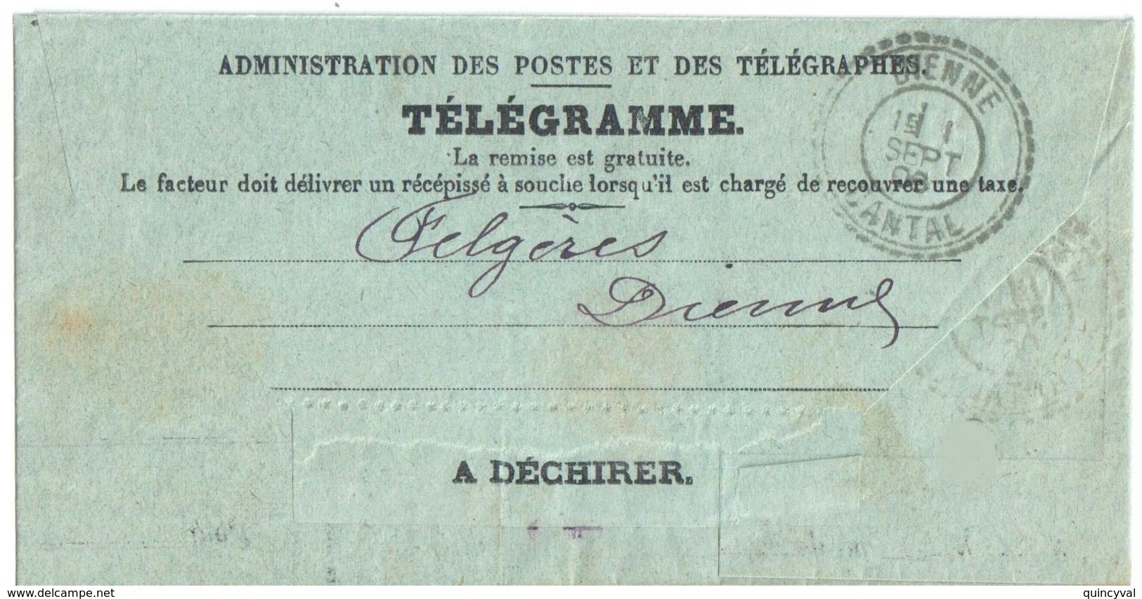 DIENNE Cantal Télégramme Ob 1 9 1906 Ob Recette Distribution Type FB84 Lautier B2 - Covers & Documents