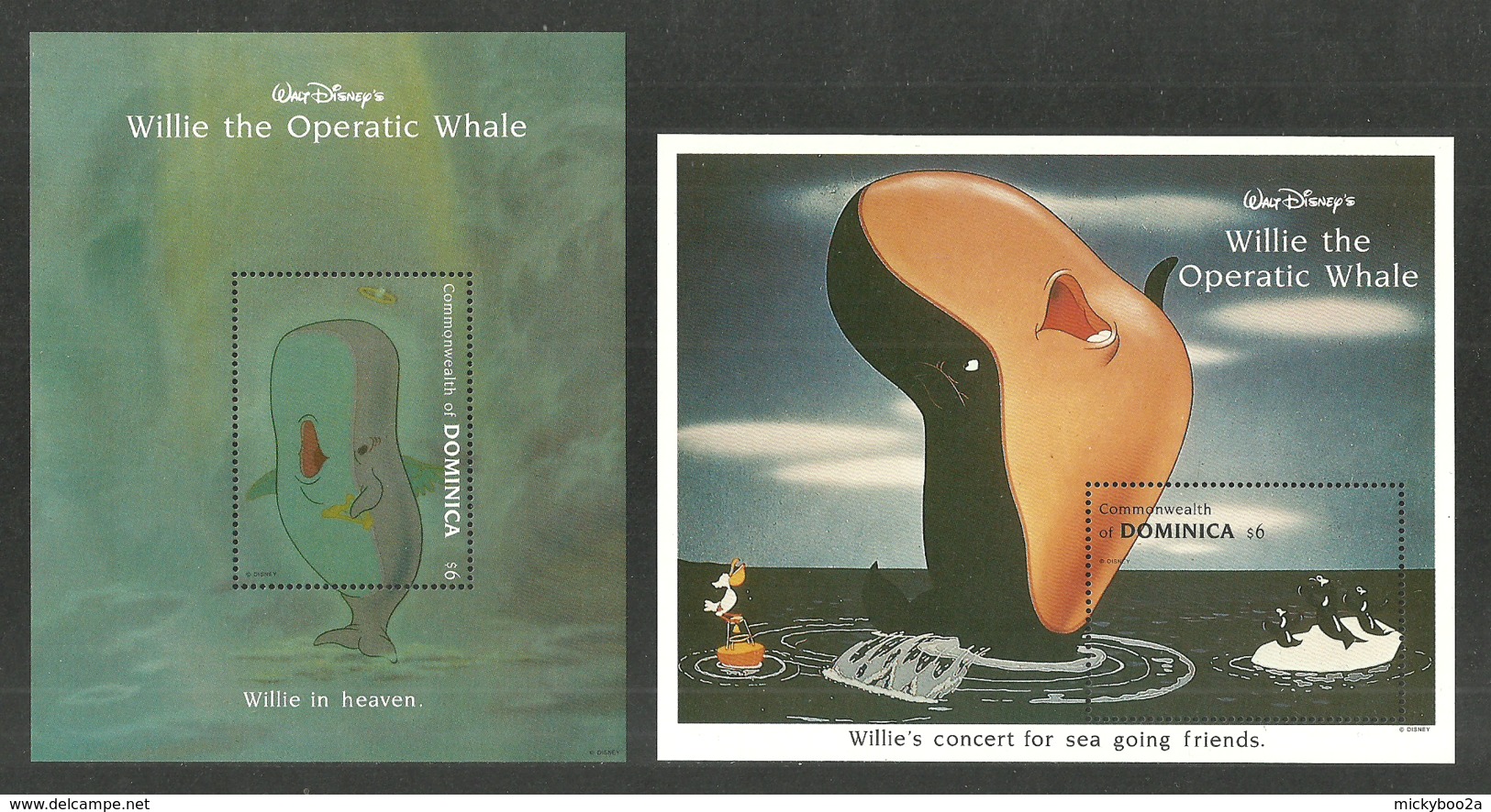 DOMINICA 1993 DISNEY WILLIE THE OPERATIC WHALE BIRDS MUSIC SET OF 3 SHEETS MNH - Dominica (1978-...)