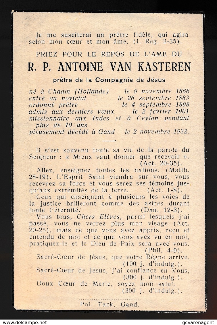 PATER ANTOINE VAN KASTEREN  CHAAM HOLLAND 186§  GENT 1932 - Obituary Notices