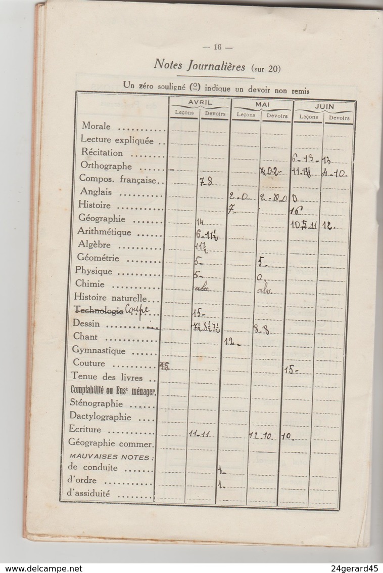 SCOLARITE 1934/35 CARNET DE CORRESPONDANCE ECOLE PRIMAIRE SUPERIEURE ET PROF. JEUNES FILLES ORLEANS 24 PAGES