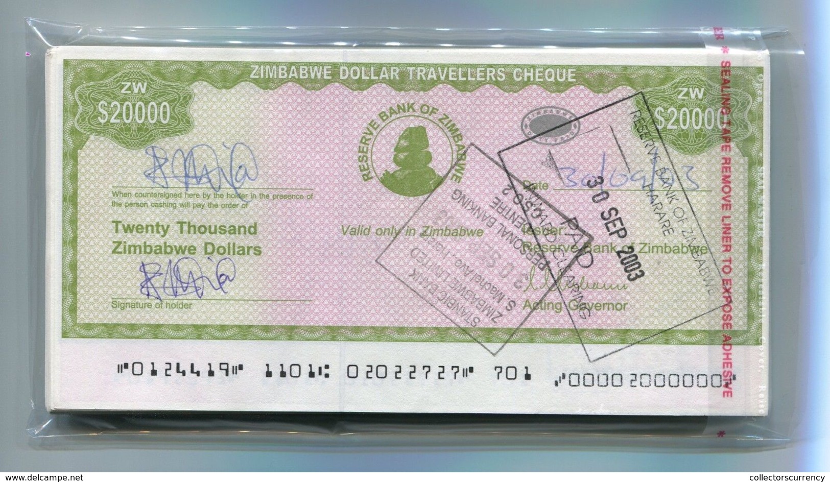 Zimbabwe Dollar Travellers Cheque $20 000 Check 2003 P18 Rare X 100 Pieces B - Simbabwe