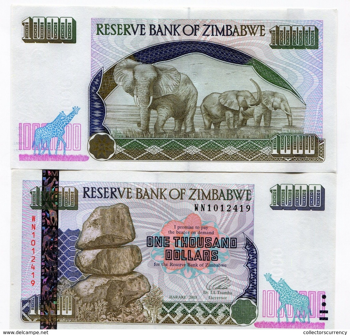 Zimbabwe 2003 1000 Dollars UNC Banknote Money P12 Sequential Notes - Zimbabwe