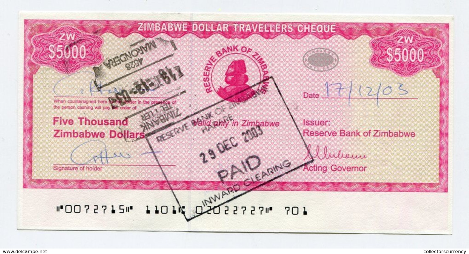 Zimbabwe Dollar Travellers Cheque $5 000 Check 2003 P16 $5000 - Rare - Simbabwe