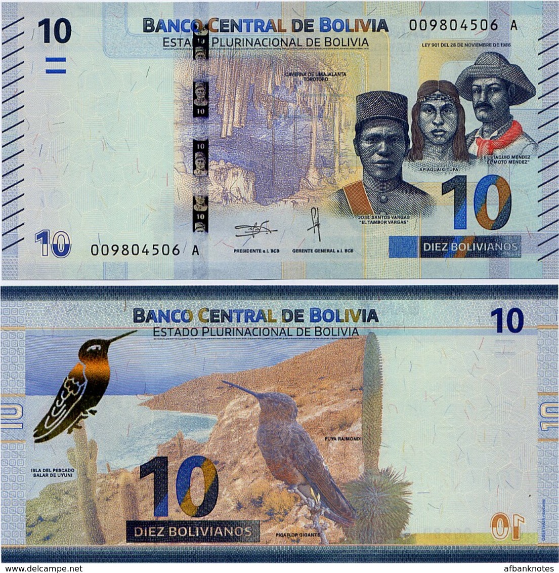 BOLIVIA       10 Bolivianos       P-New       L. 1986 (2018)       UNC  [Series A - Oberthur] - Bolivia