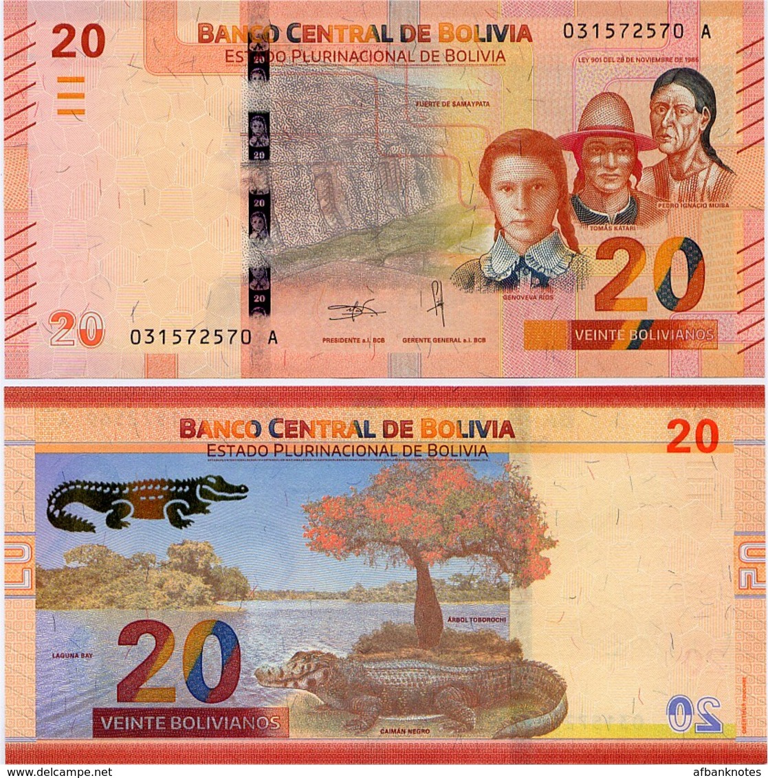 BOLIVIA       20 Bolivianos       P-New       L. 1986 (2018)       UNC  [Series A - Oberthur] - Bolivia