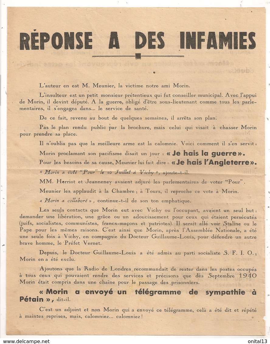 TRACT POLITIQUE ARPES 2EME GUERRE / TOURS / SFIO / FERDINAND MORIN /  JEAN MEUNIER / TOURS INDRE ET LOIRE Z1 - Historische Dokumente