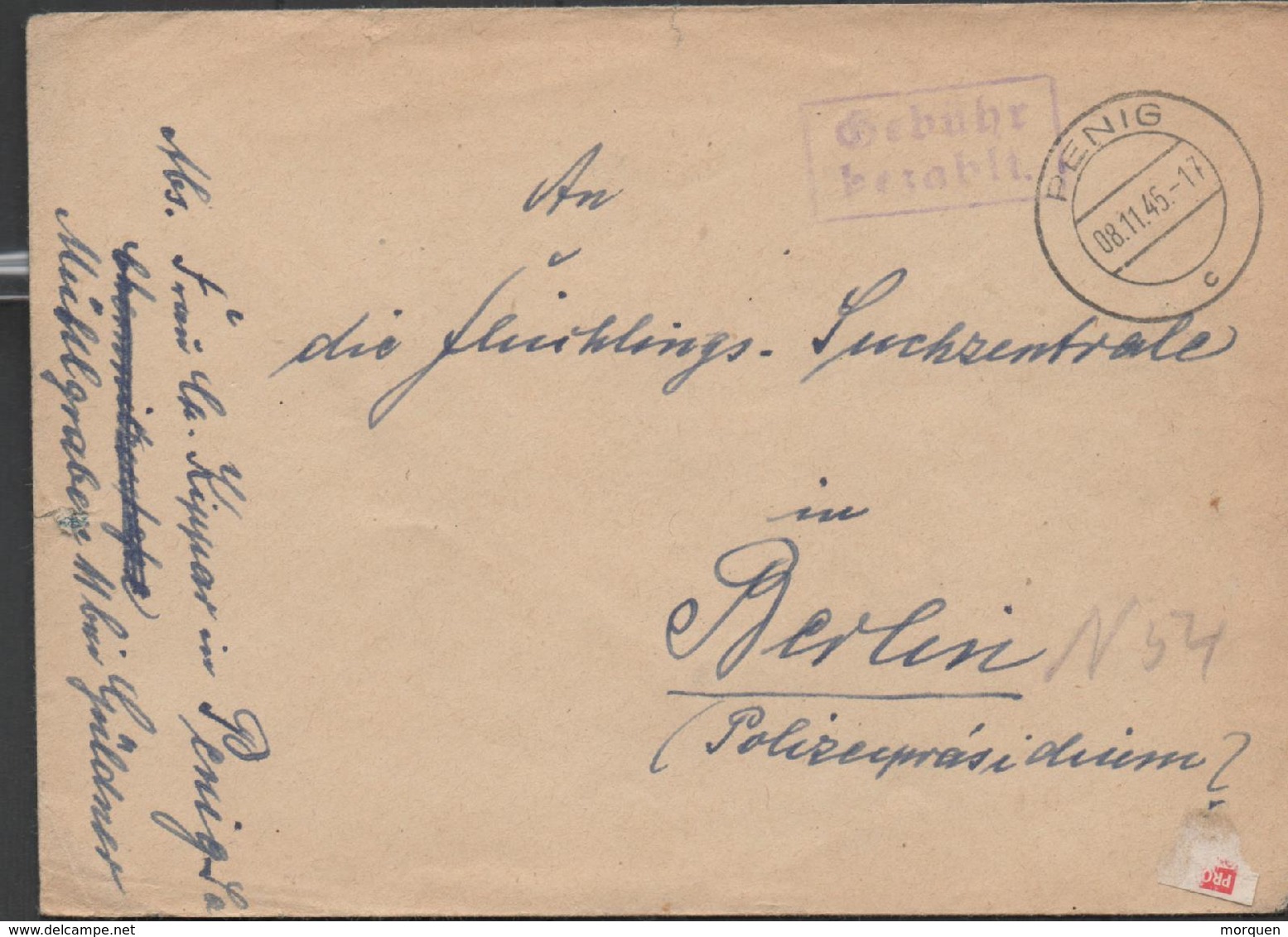 30134. Carta Franquicia PENIG (Alemania Reich) 1945. PAGADO. Gebühr Bezahl - Cartas & Documentos