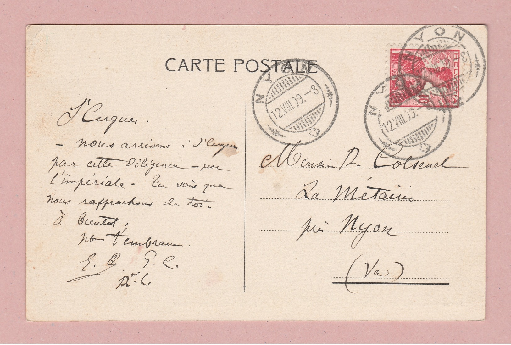 AK OZ Poste Suisse Postkutsche Ges. 12.08.1909 Nyon Verlag J.J.#3184 - Nyon