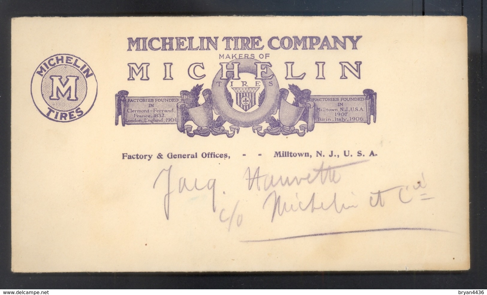 MICHELIN TIRE COMPANY - LETTRE DECORATION PUBLICITAIRE - MILTOWN - U.S.A. - 1907 - Etats-Unis