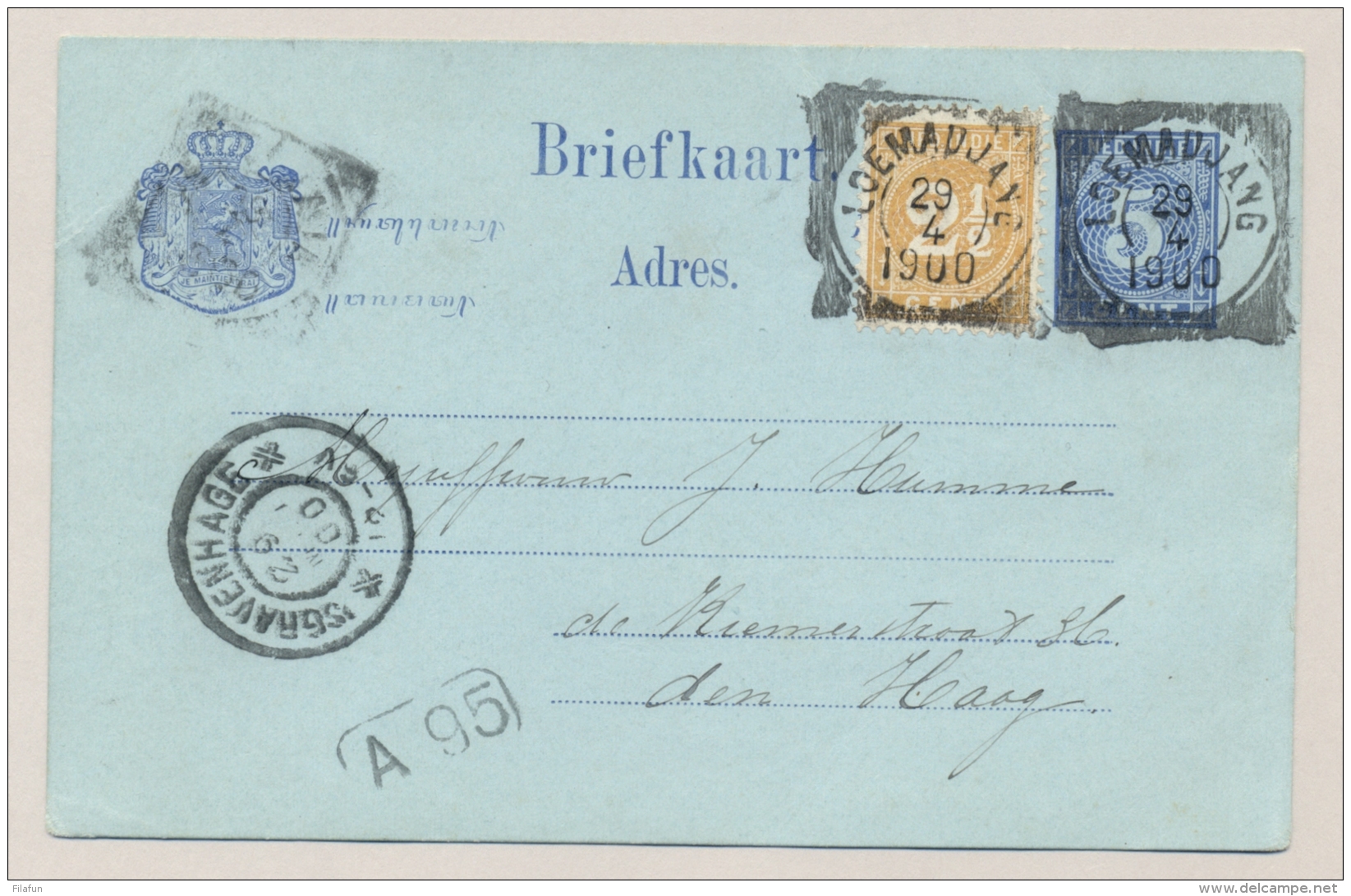 Nederlands Indië - 1900 - 5 Cent Willem III, Briefkaart G10 + 2,5 Cent Cijfer Van VK LOEMADJANG Naar Den Haag / NL - Nederlands-Indië