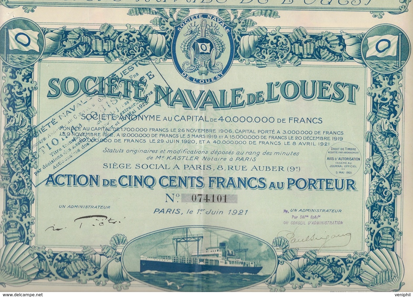 SOCIETE NAVALE DE L'OUEST - PART BENEFICIAIRE + OBLIGATION 200 FRS + ACTION DE 500 FRS -1921-1923 - Navigation