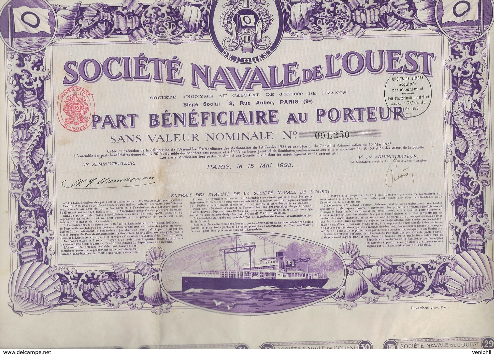 SOCIETE NAVALE DE L'OUEST - PART BENEFICIAIRE + OBLIGATION 200 FRS + ACTION DE 500 FRS -1921-1923 - Navigazione