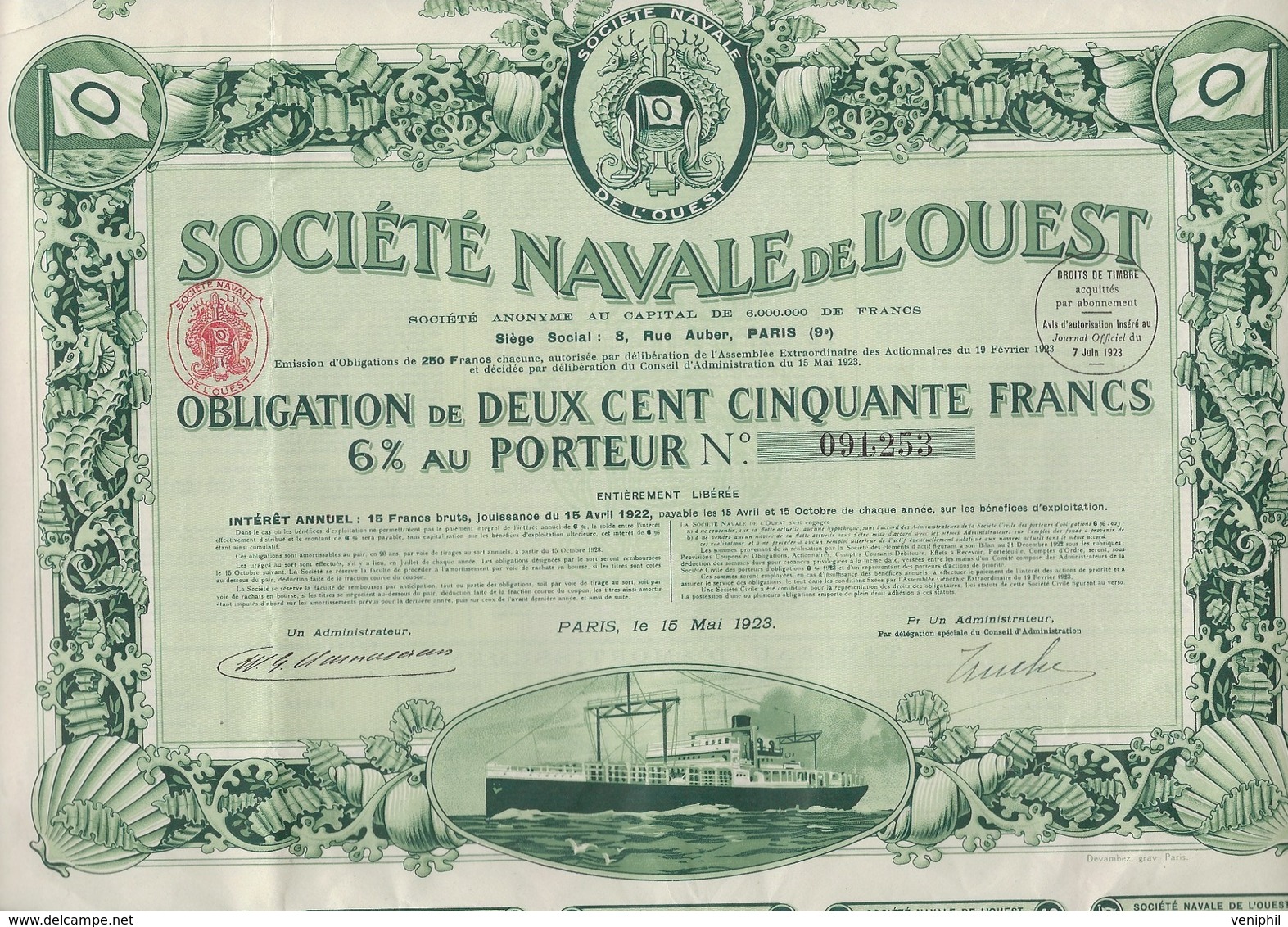 SOCIETE NAVALE DE L'OUEST - PART BENEFICIAIRE + OBLIGATION 200 FRS + ACTION DE 500 FRS -1921-1923 - Navigazione