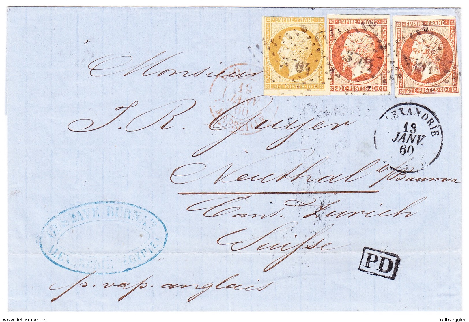 1860 Faltbrief Von Alexandrie Nach Neuthal ZH; Nr. Stempel 3704 Auf Ungezähnter Empire Ausgabe 1x 10c+2x40c - Brieven En Documenten