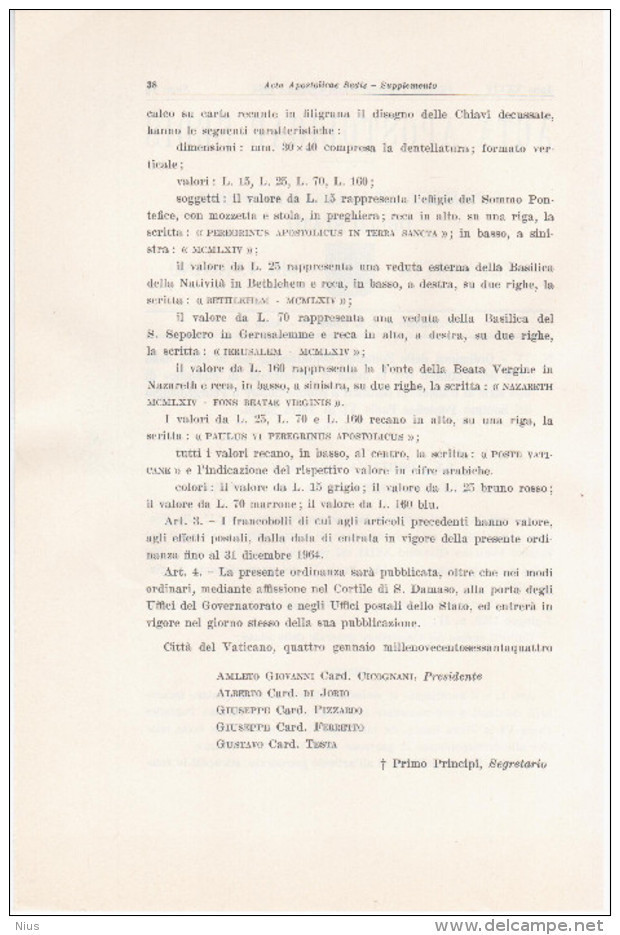 Vatican Vaticane Vaticano 1964 First Day Sheet - Carnets