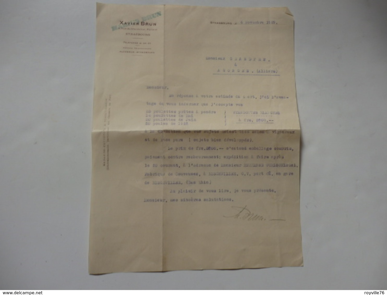 Lettre De Xavier Brun 6, Rue Du Maréchal Pétain à Strasbourg (67) à Mr Grandpré à Agonges (03). - 1900 – 1949