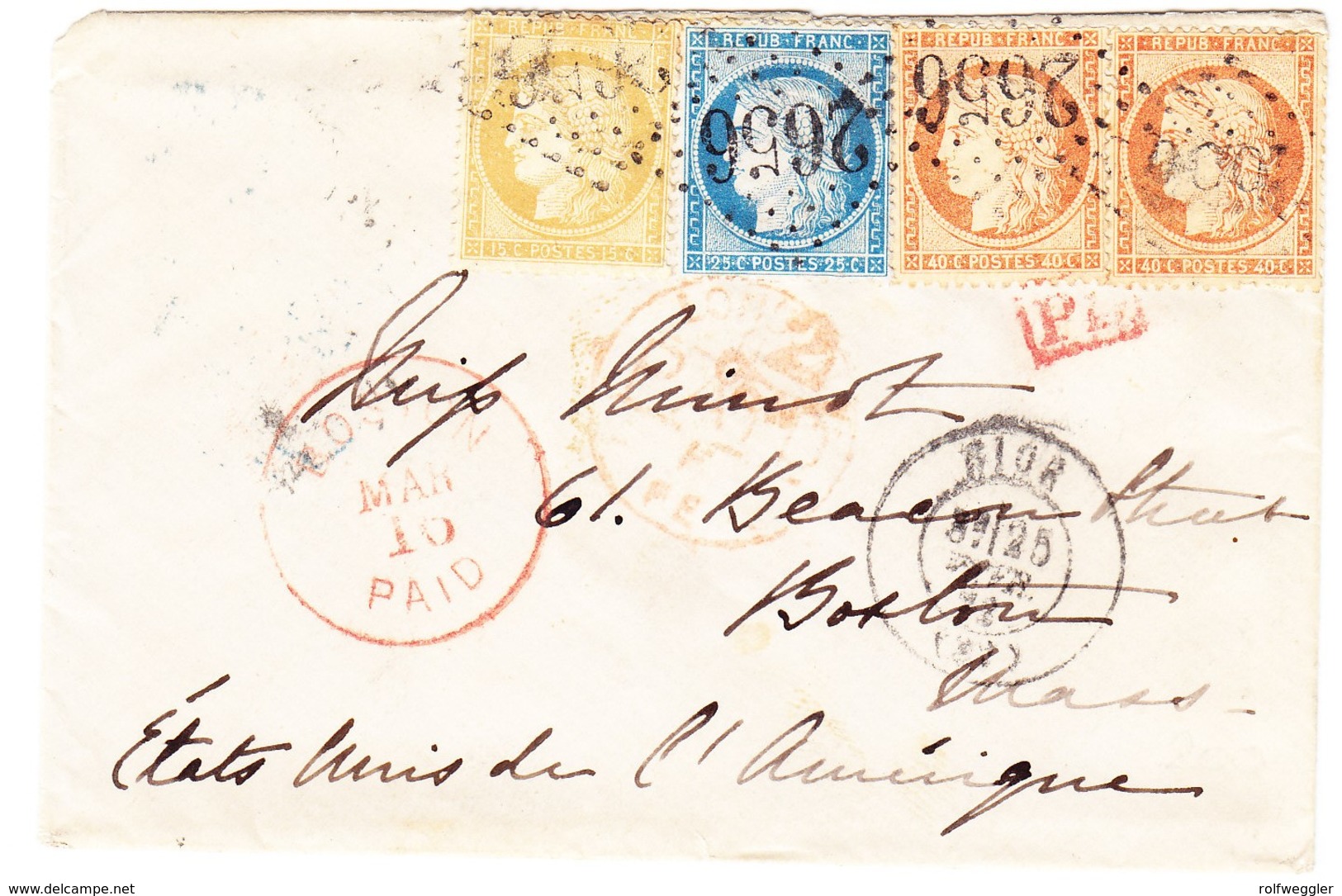 Brief Von Nice Nach Boston; 4 Gezähnte Marken Mit Nummernstempel 2656 - 1871-1875 Cérès