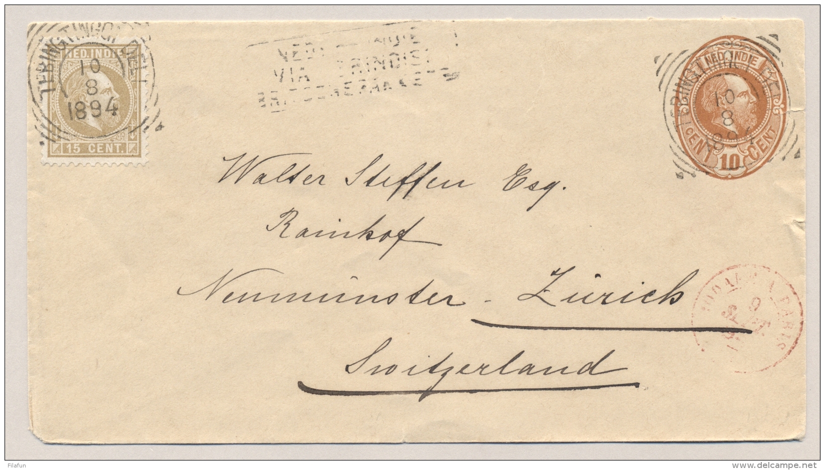 Nederlands Indië - 1894 - 15 Cent Willem III Op 10 Cent Envelop G6 Van VK TEBINGTINGGI DELI - Britsche Pakketb. - Zürich - Nederlands-Indië