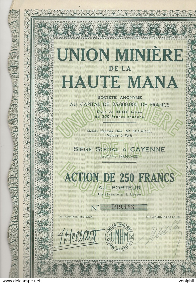 LOT DE 4 ACTIONS 250 FRANCS - UNION MINIERE DE LA HAUTE MANA - GUYANE - - Mijnen