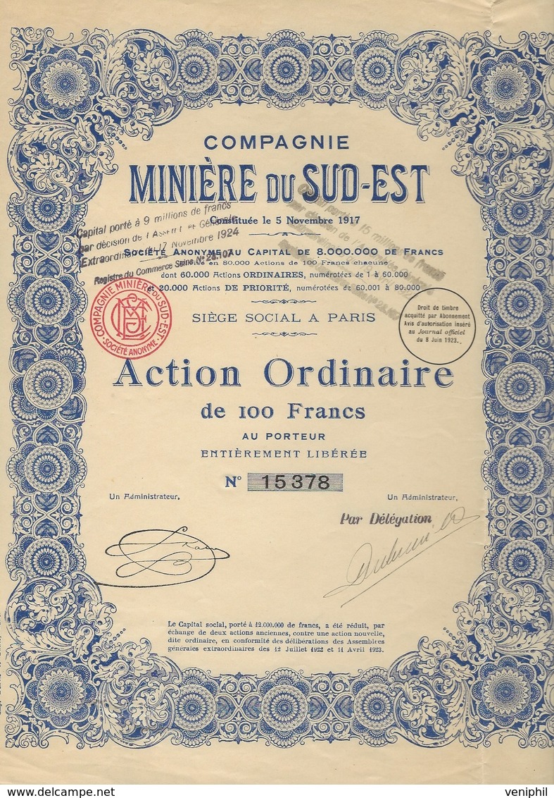 ACTION ORDINAIRE DE 100 FRS - COMPAGNIE MINIERE DU SUD EST - 1923 - Mines