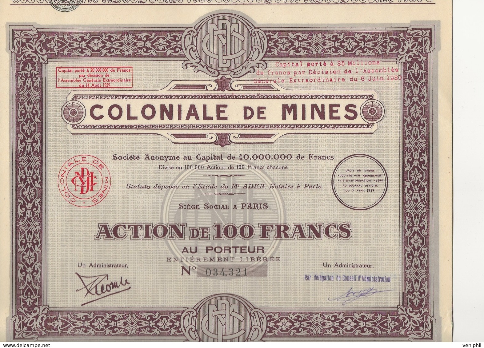 LOT DE 3 ACTION  DE 100 FRS - COLONIALE DE MINES - ANNEE 1929 - Bergbau