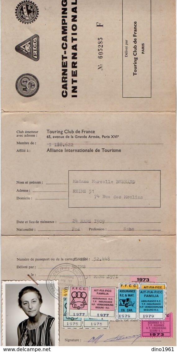 VP13.054 - PARIS 1971 - Carnet - Camping International - Mme Marcelle BERNARD à REIMS - Camping