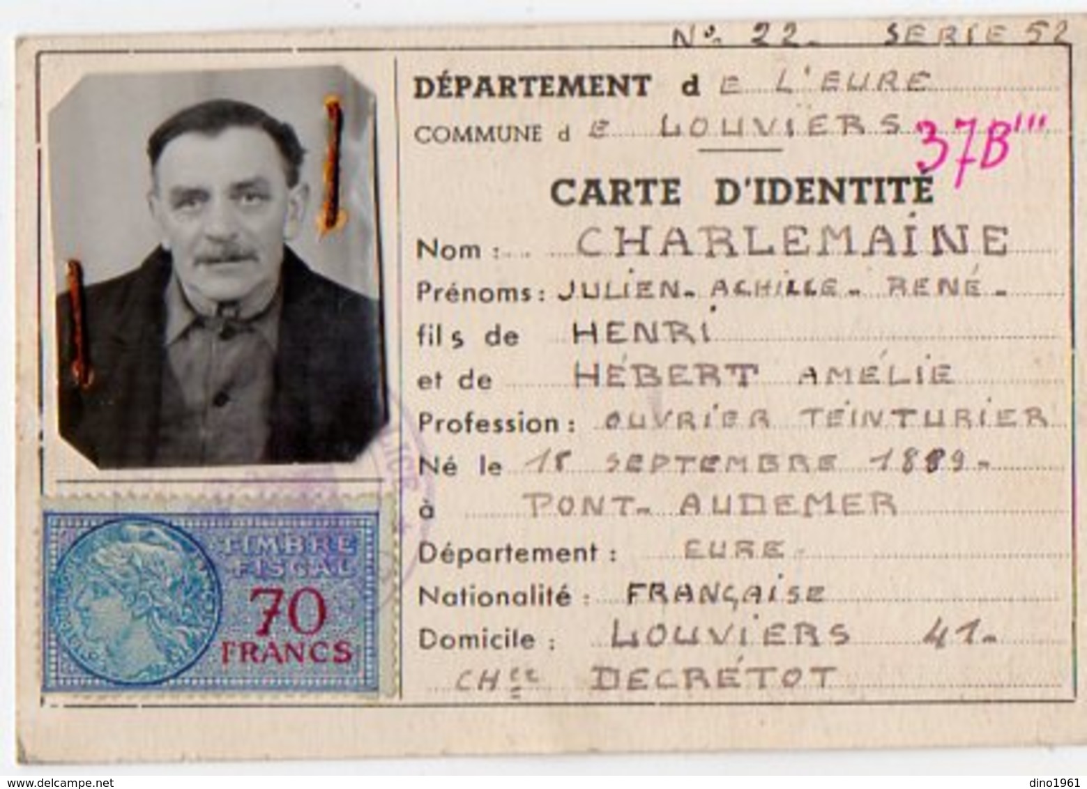 VP13.057 - LOUVIERS 1952 - Carte D'Identité - Mr J.A.R CHARLEMAINE Né à PONT AUDEMER - Police & Gendarmerie