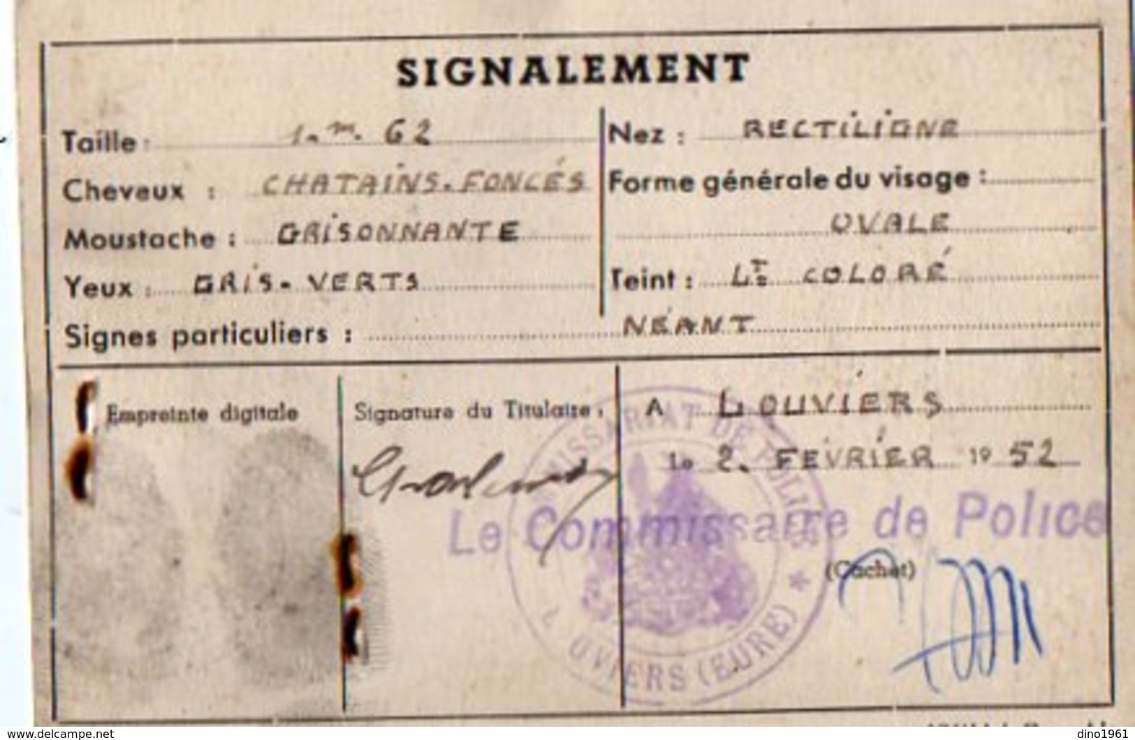 VP13.057 - LOUVIERS 1952 - Carte D'Identité - Mr J.A.R CHARLEMAINE Né à PONT AUDEMER - Police & Gendarmerie