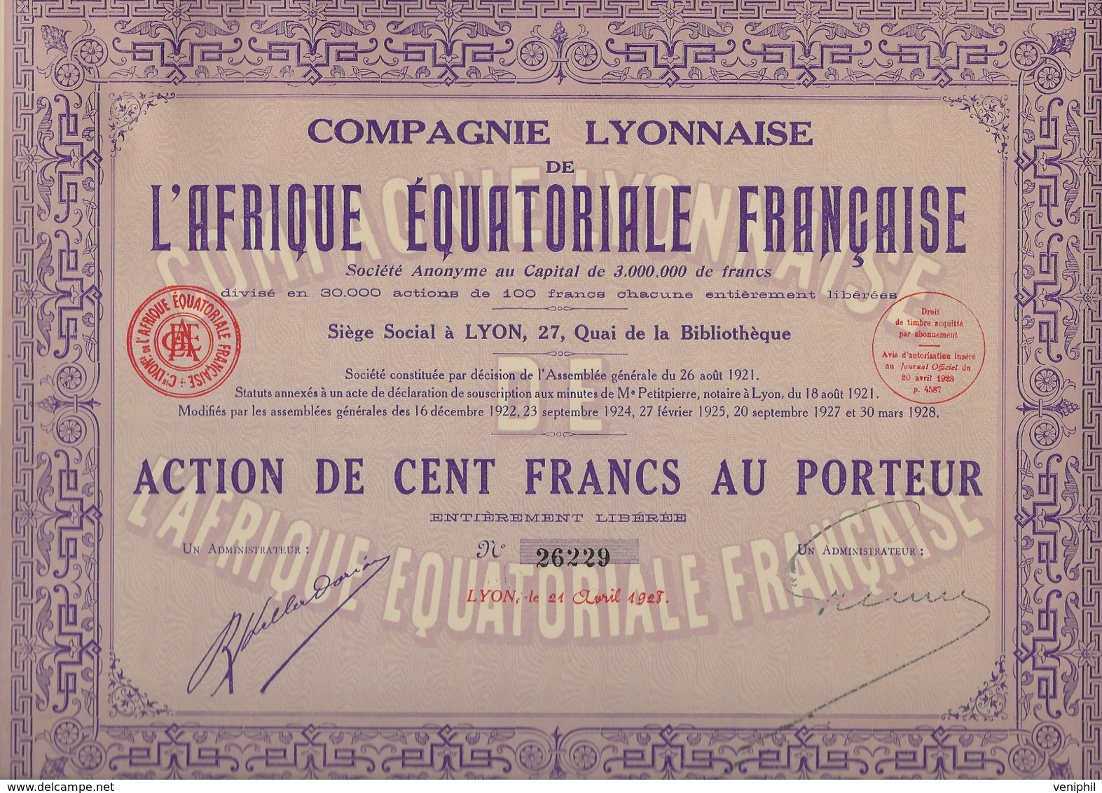 LOT DE 3 ACTIONS - COMPAGNIE LYONNAISE DE L'AFRIQUE EQUATORIALE FRANCAISE -1928 - Afrique