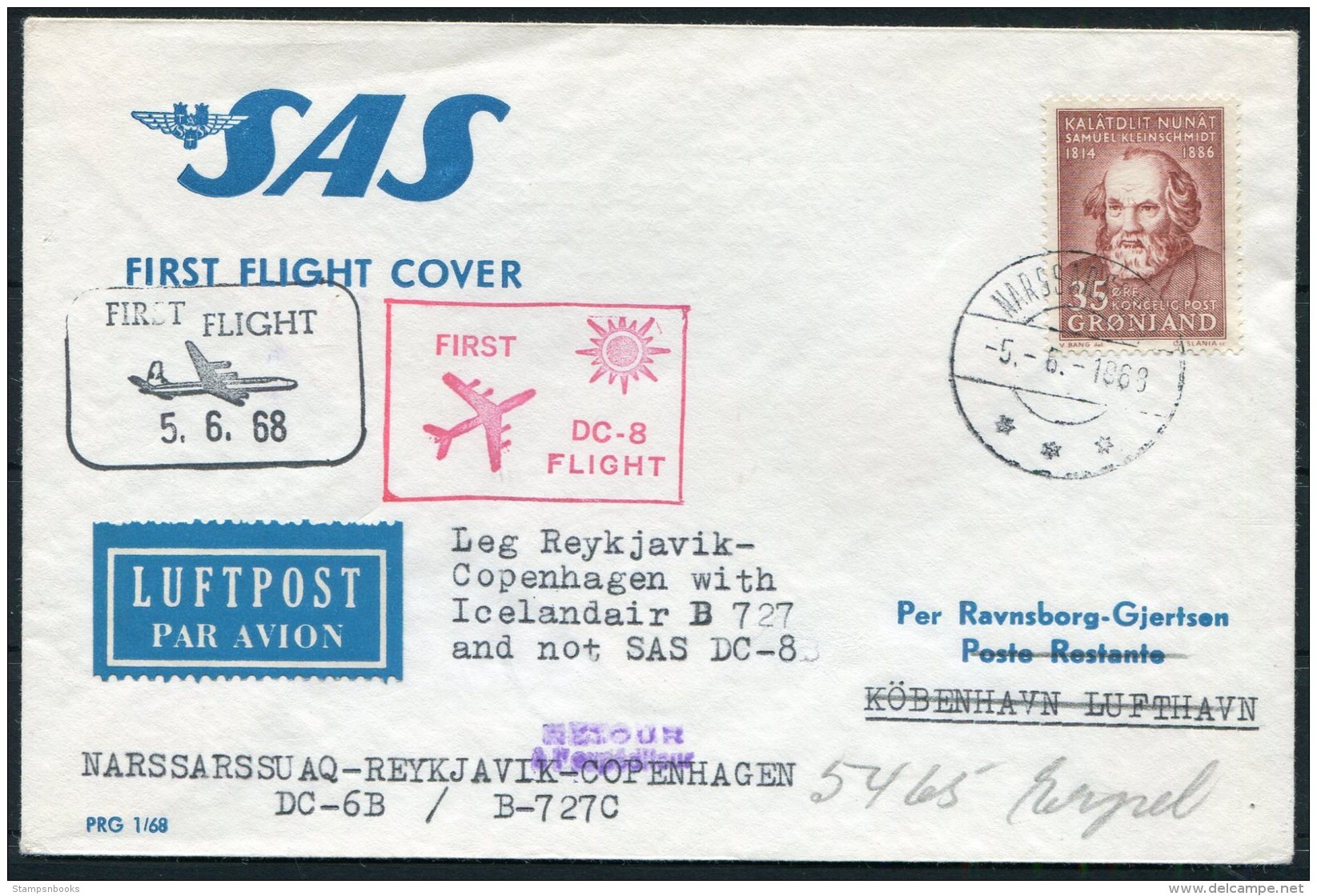 1968 Denmark Iceland Greenland SAS First Flight Cover. Slania - Covers & Documents