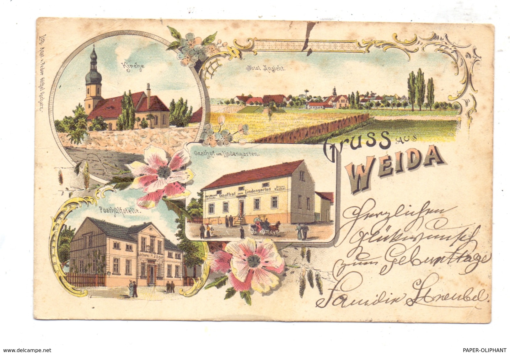0-6518 WEIDA, Lithographie 1900, Gasthof Zum Lindengarten, Posthülfsstelle, Kirche, Gesamtansicht - Weida