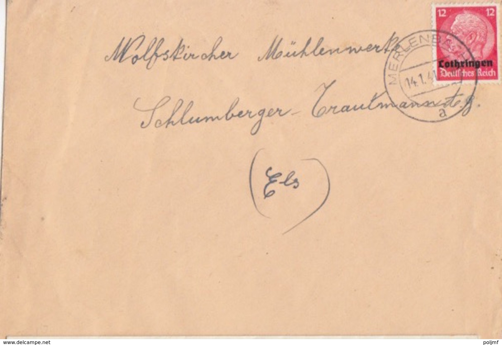 Lettre De Merlebach (T 325 Merlebach A) TP Lothr 12pf=1°éch Le 14/1/41 Pour Wolfskirchen - Covers & Documents