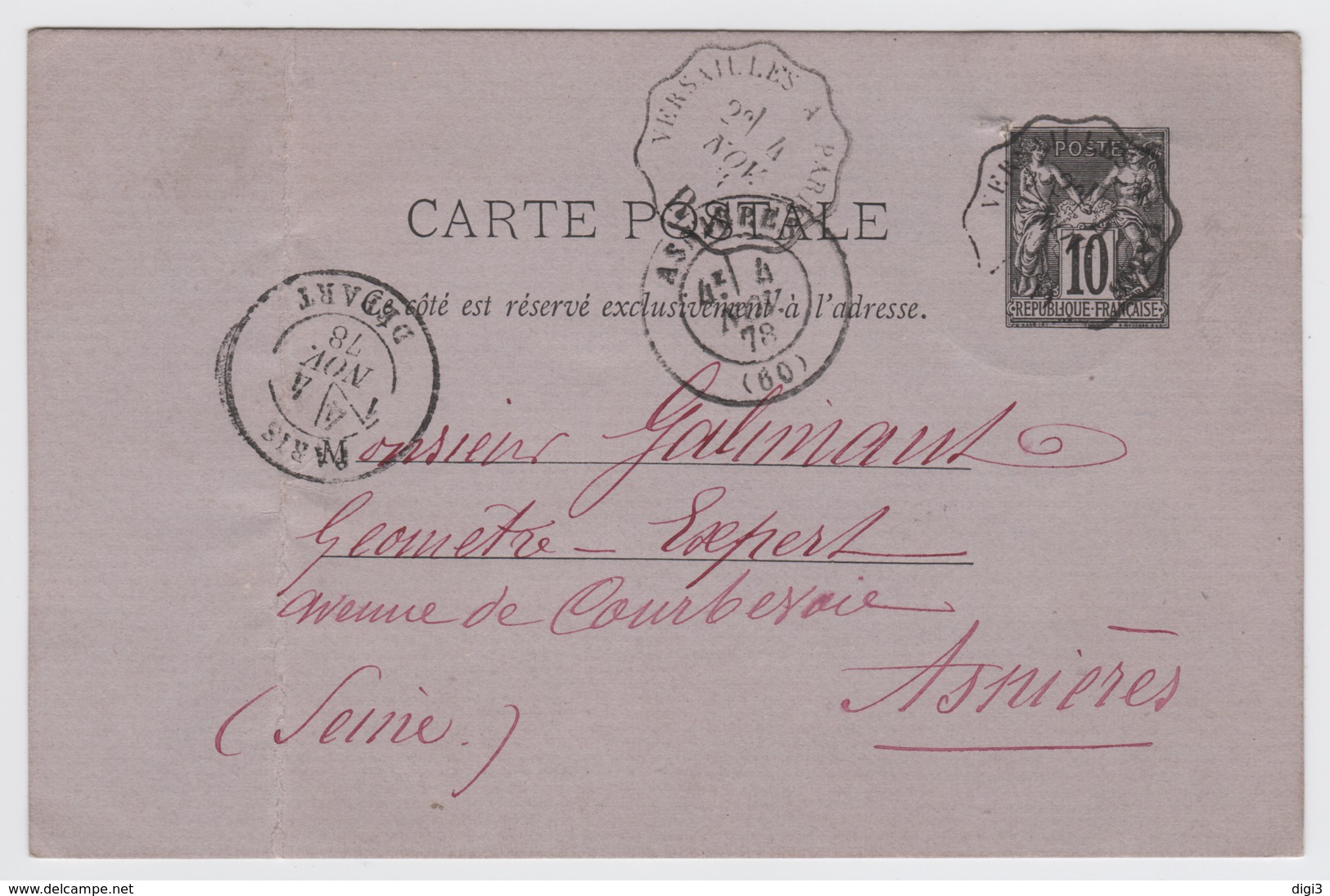 France, 1878, Carte Postale, Sage, 10c., Noir Sur Lilas, Ambulant Versailles à Paris 1-11-1878 - Cartes Postales Types Et TSC (avant 1995)