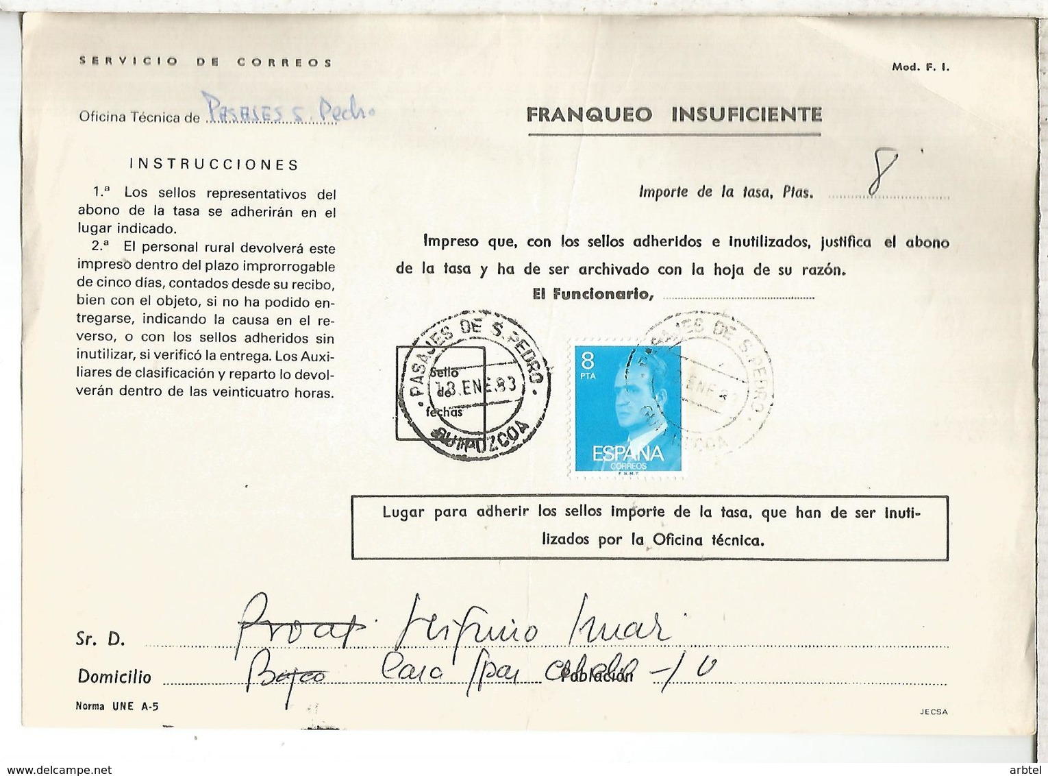 DOCUMENTO INTERNO CORREOS FRANQUEO INSUFICIENTE MAT AP PASAJES SAN PEDRO GUIPUZCOA - Cartas & Documentos