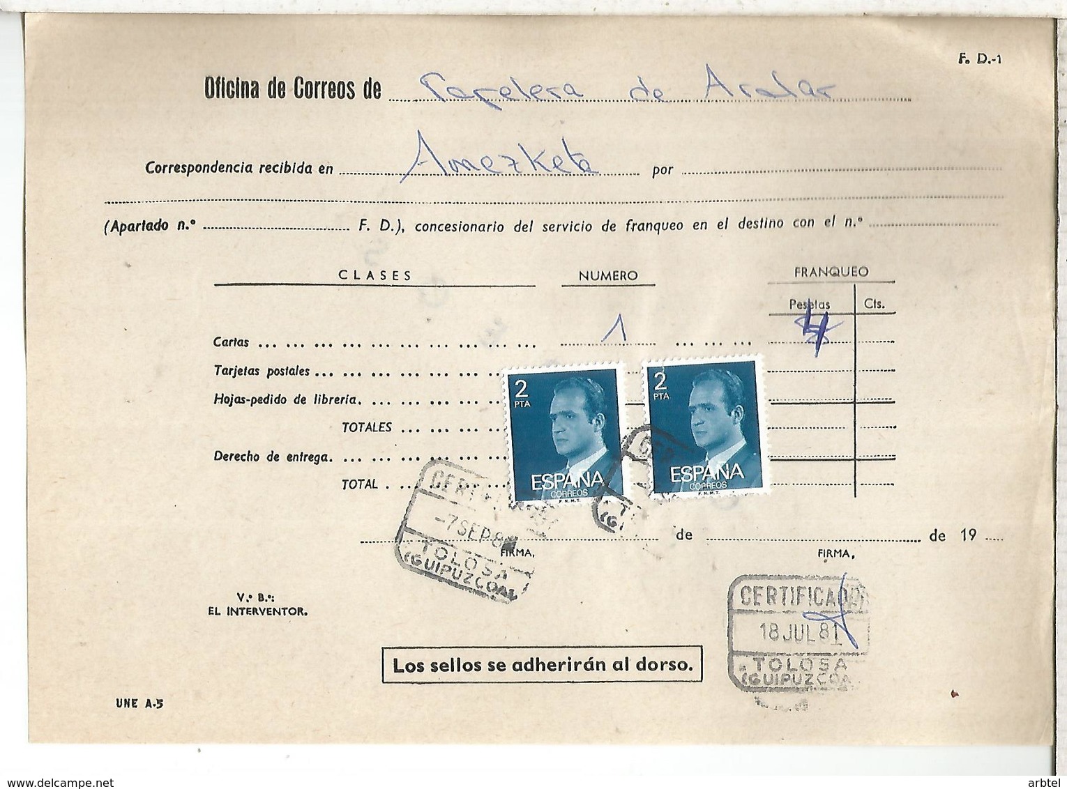 DOCUMENTO INTERNO CORREOS FRANQUEO INSUFICIENTE MAT TOLOSA GUIPUZCOA - Cartas & Documentos