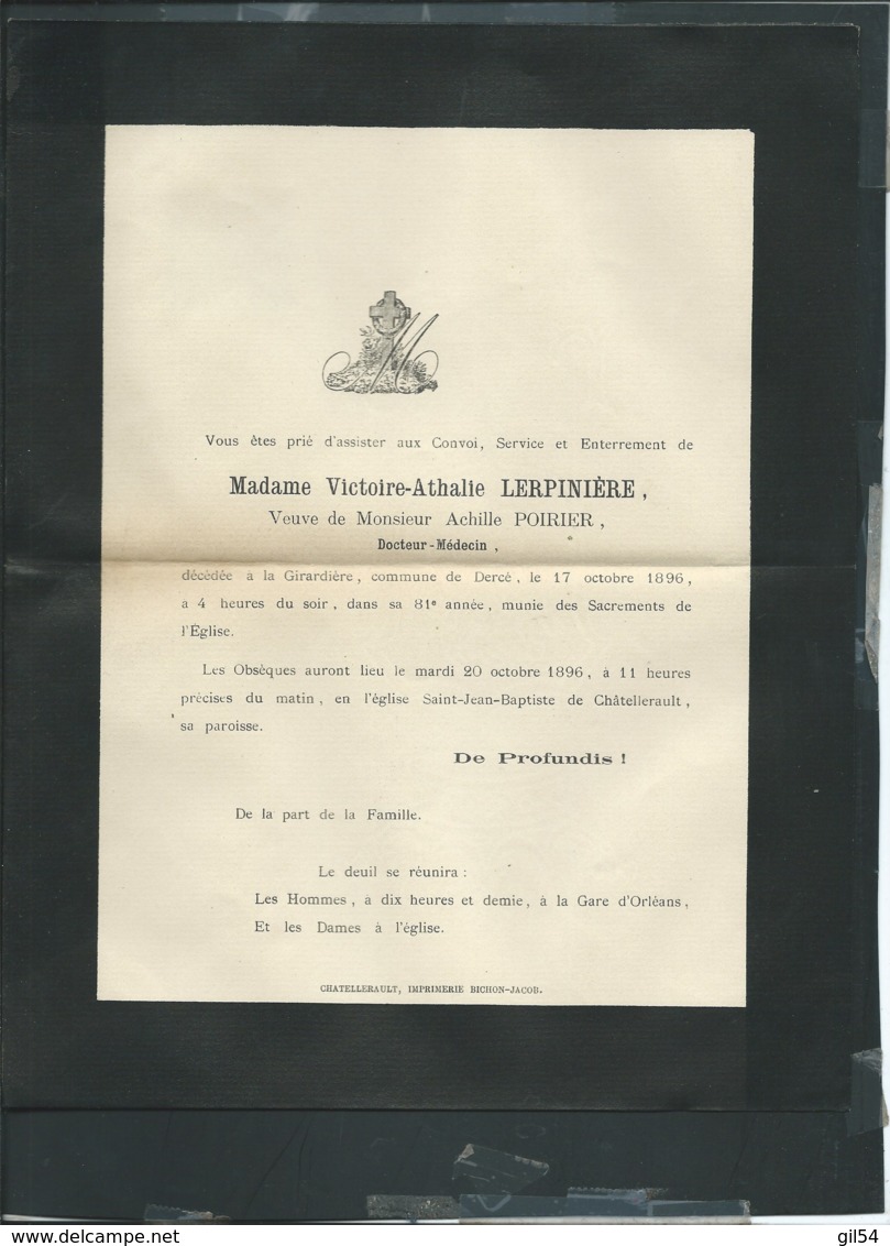 Dercé (86 )  F.P. Décès De Mme Victoire Athalie Lerpinière Vve De M Achille Poirier Le 17/10/1896 - Ax 14304 - Décès