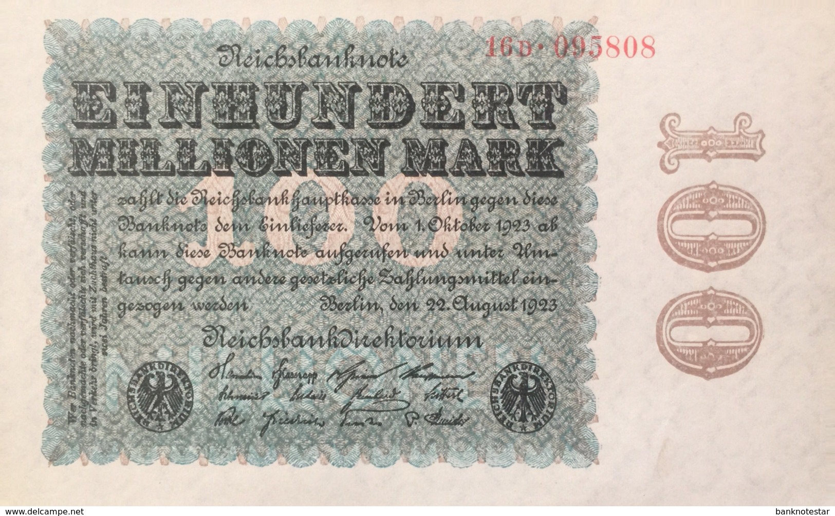 Germany 100.00.000 Mark, DEU-120d/Ro.106f (1923) - UNC - 100 Miljoen Mark