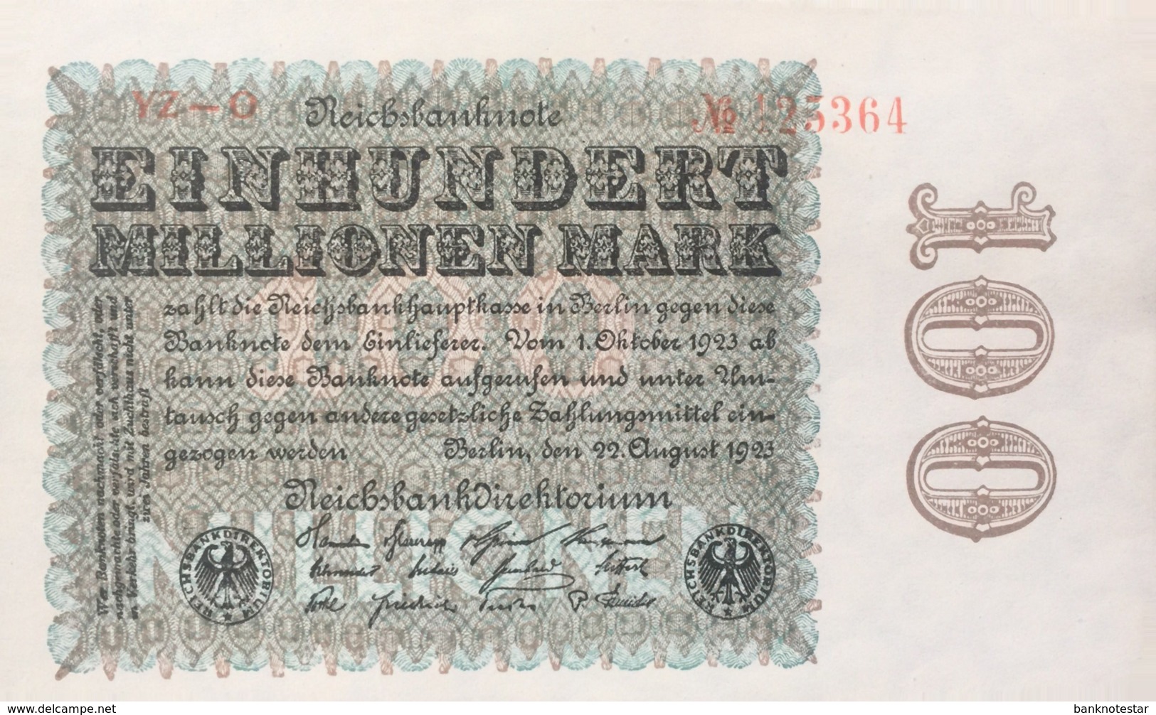 Germany 100.00.000 Mark, DEU-120j/Ro.106t (1923) - UNC - 100 Mio. Mark