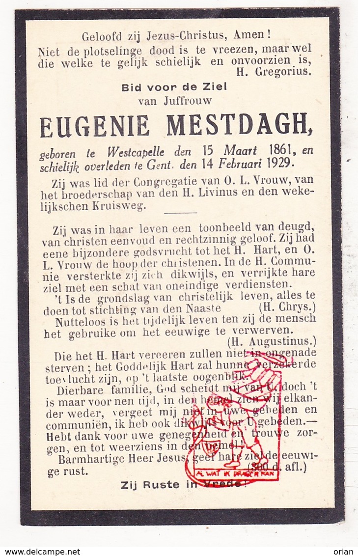 DP Eugenie Mestdagh ° Westkapelle Knokke-Heist 1861 † Gent 1929 - Images Religieuses