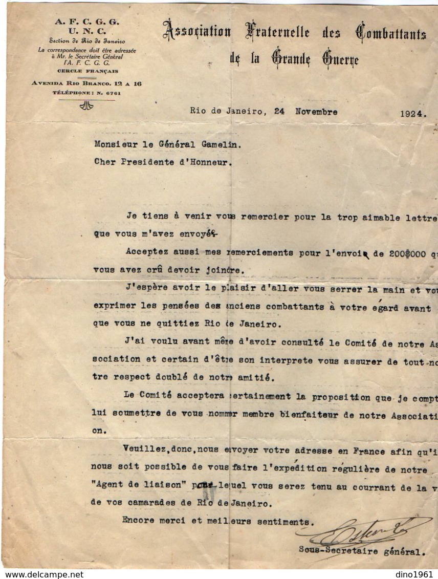 VP13.062  RIO DE JANEIRO 1924 - Lettre - Association Fraternelle Des Combattants De La Grande Guerre Pour Le Gal GAMELIN - Dokumente