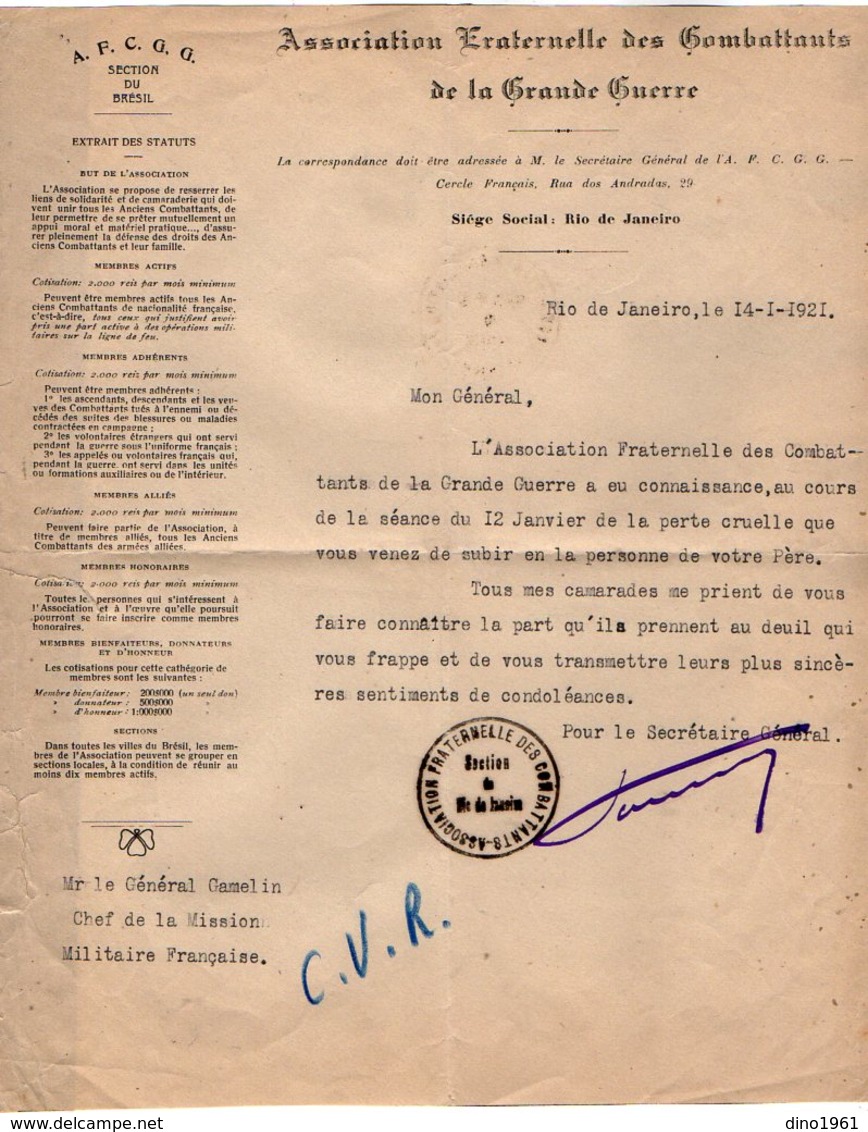 VP13.063  RIO DE JANEIRO 1921 - Lettre - Association Fraternelle Des Combattants De La Grande Guerre Pour Le Gal GAMELIN - Documents