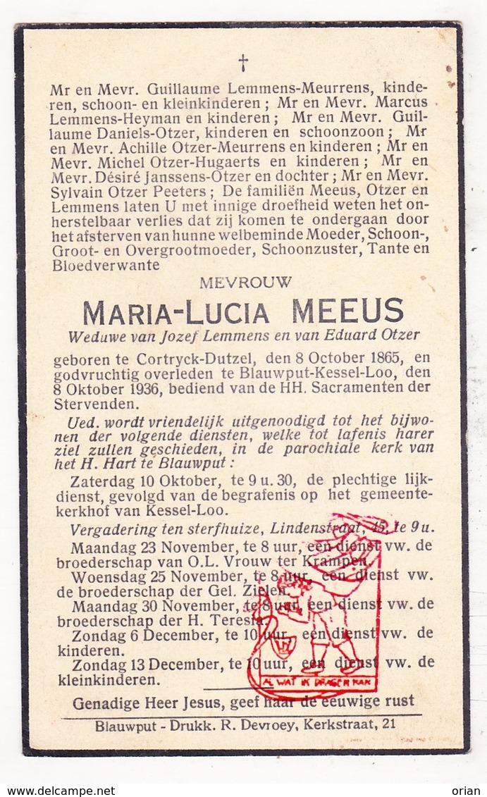 DP Maria L. Meeus ° Kortrijk-Dutsel Holsbeek 1865 † Blauwput Kessel-Lo 1936 X J. Lemmens Xx E. Otzer / Meurrens Heyman - Images Religieuses