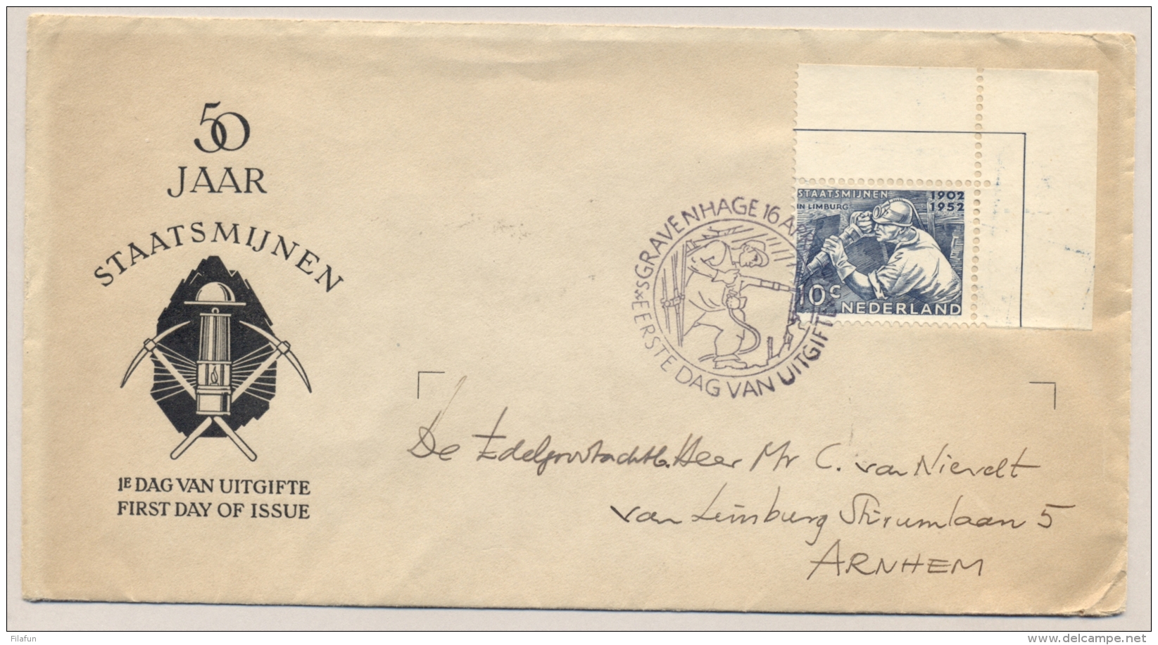 Nederland - 1952 - 10 Cent Staatsmijnen, Hoekstuk Op FDC Naar Arnhem - Brieven En Documenten