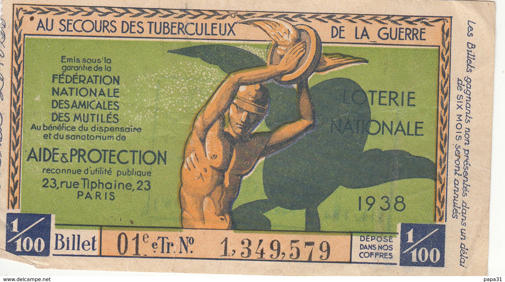 LOTERIE NATIONALE  AU SECOURS DES TUBERCULEUX  DE LA GUERRE 1938 - Billets De Loterie