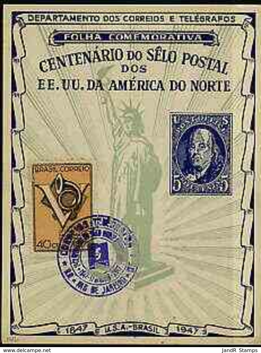 Brazil 1947 North American Postal Centenary Commemorative Card STAMP POSTHORNS STATUE OF LIBERTY 1946 Posthorn Stamp Wit - Covers & Documents