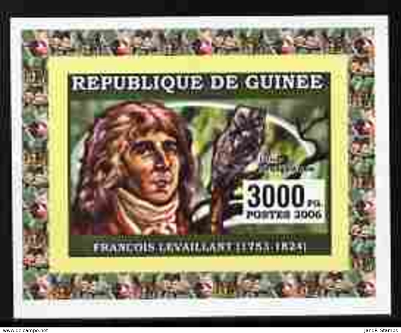 Guinea - Conakry 2006 Ornithologusts & Birds - Levaillant - PERSONALITIES OF PREY OWLS Imperf Individual Deluxe Sheet Mn - Guinea-Bissau