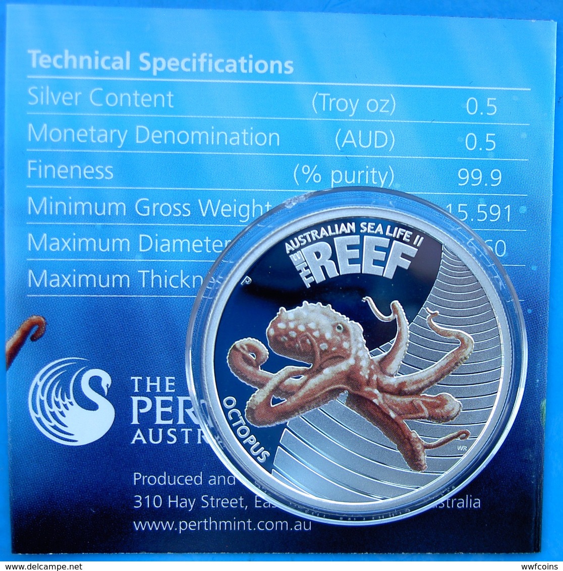 AUSTRALIA 50 C 2012 SILVER PROOF WILDLIFE AUSTRALIAN SEA LIFE THE REEF OCTOPUS PESO 15,591 TITOLO 0,999 CONSERVAZIONE PR - Mint Sets & Proof Sets