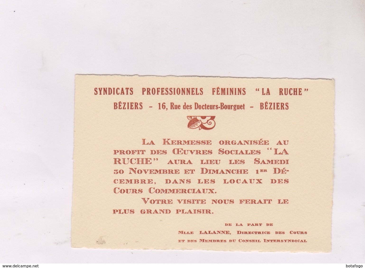 INVITATION A LA KERMESSE SYNDICAT FEMININ LA RUCHE A BEZIERS (annes 50) - Autres & Non Classés