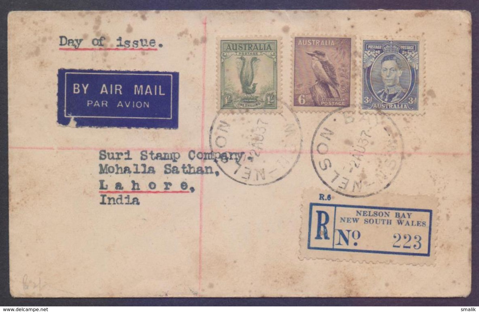 AUSTRALIA Postal History Cover, Registered Used 2.8.1937 From NELSON BAY To LAHORE INDIA (Now PAKISTAN) - Covers & Documents